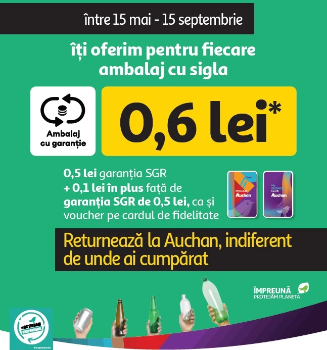 Auchan oferă mai mulți bani pentru reciclarea ambalajelor cu simbol SGR Auchan oferă mai mulți bani pentru reciclarea ambalajelor cu simbol SGR