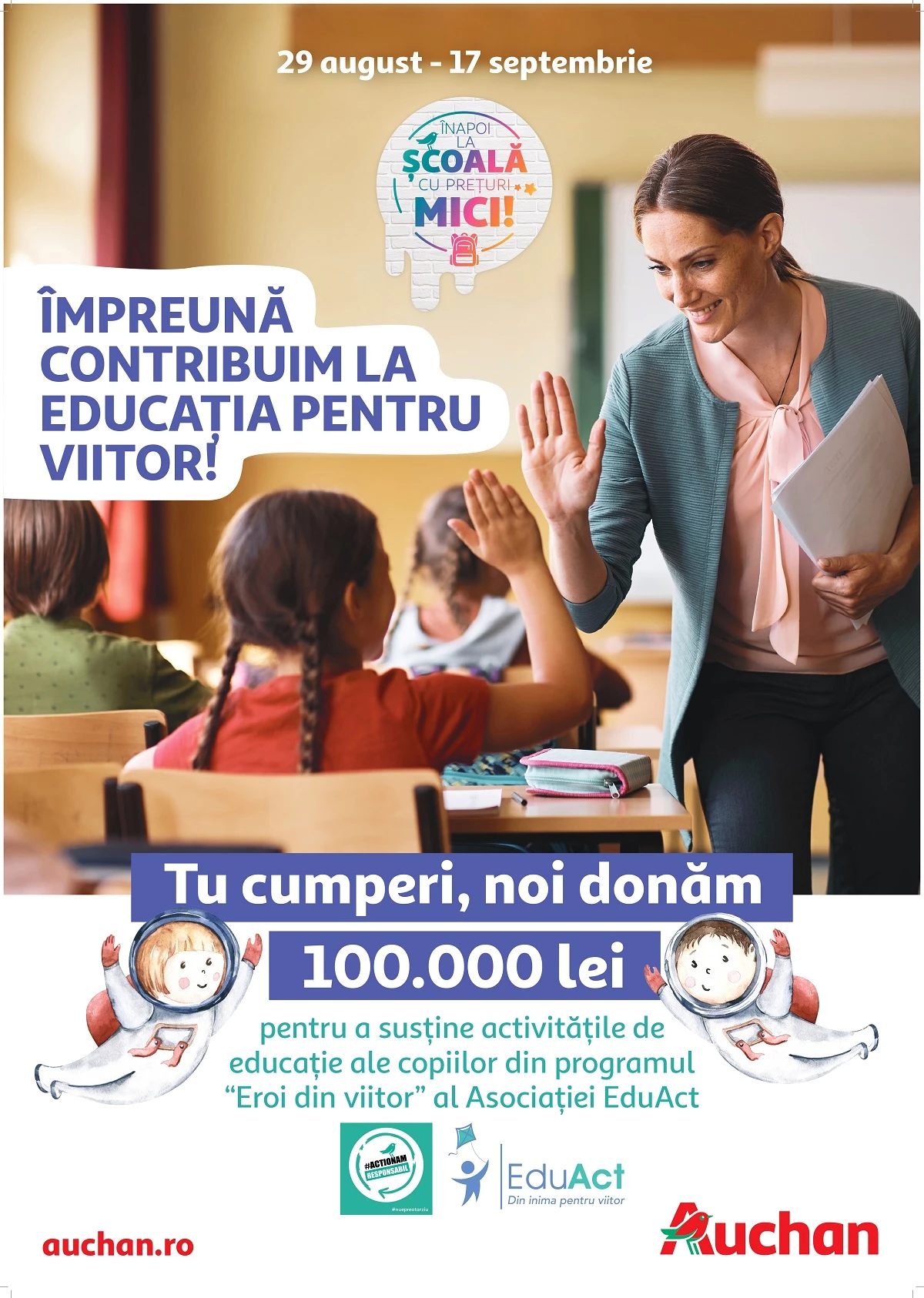Auchan donează 100.000 lei din vânzările de rechizite pentru programul „Eroi din viitor”