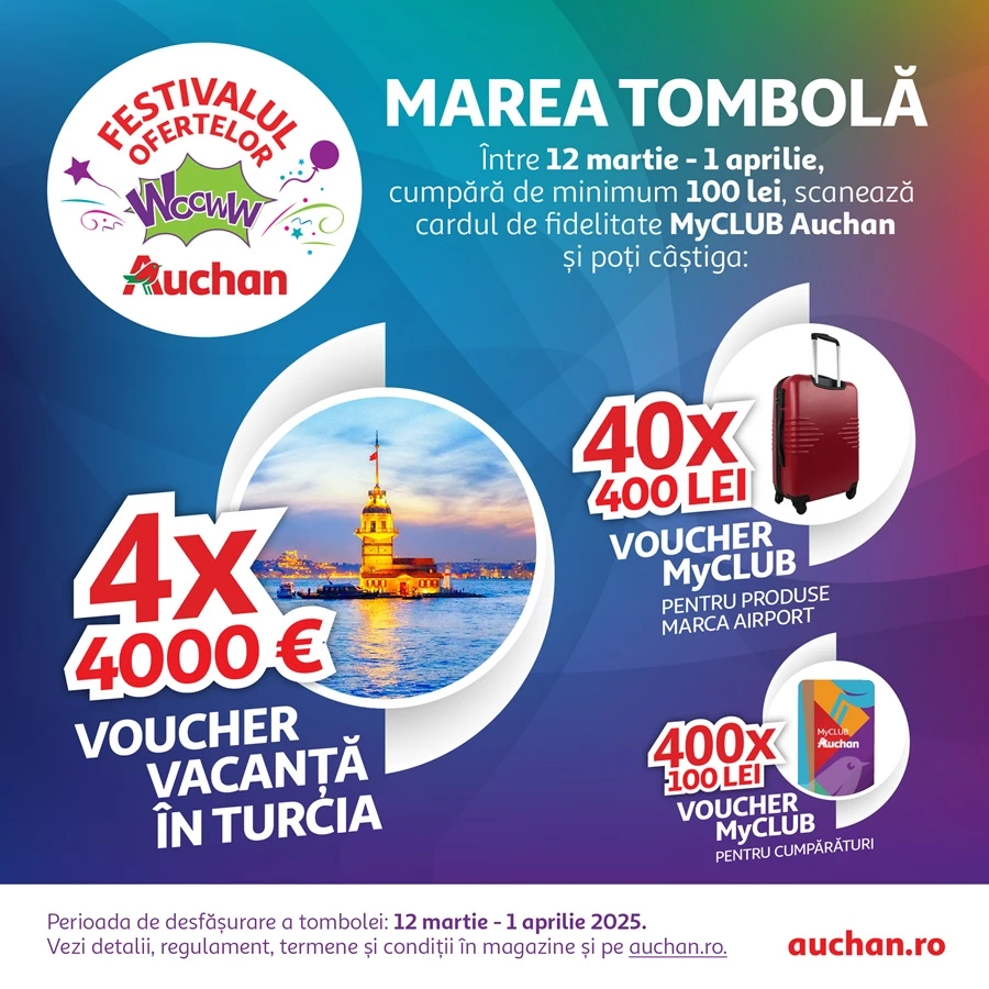 În perioada 12 martie – 1 aprilie 2025, Tombola aniversară “Festivalul Ofertelor WooWW” în rețeaua de magazine Auchan