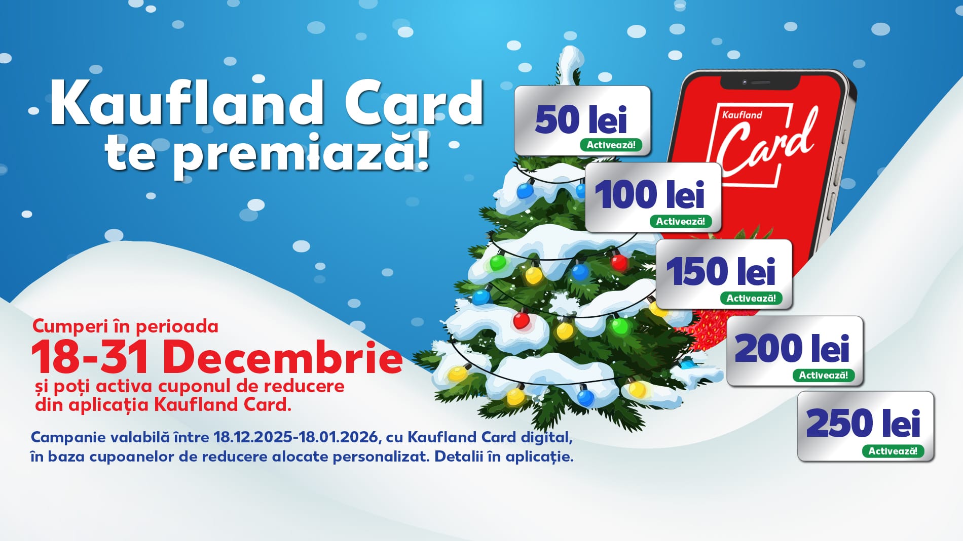 Kaufland oferă vouchere de până la 250 lei în Kaufland Card, pentru cumpărături de sărbători