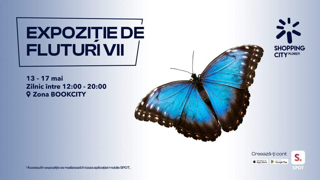 Experiență tropicală la Shopping City Ploiești: expoziție cu peste 150 de exemplare de fluturi vii din specii exotice