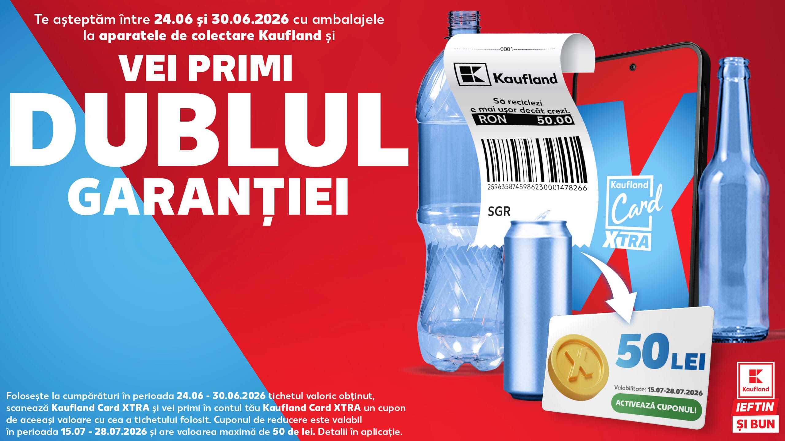 În perioada 24-30 iunie, Kaufland dublează valoarea garanției SGR, direct în Kaufland Card XTRA