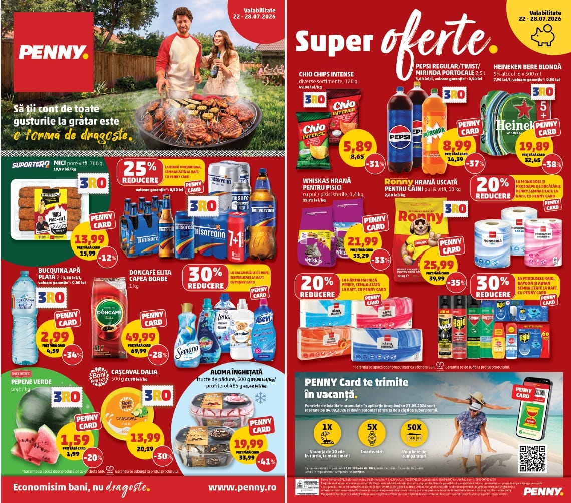 PENNY România: produse pentru grătar și oferte 3RO în perioada 22-28 iulie 2026 pentru clienții care folosesc PENNY Card