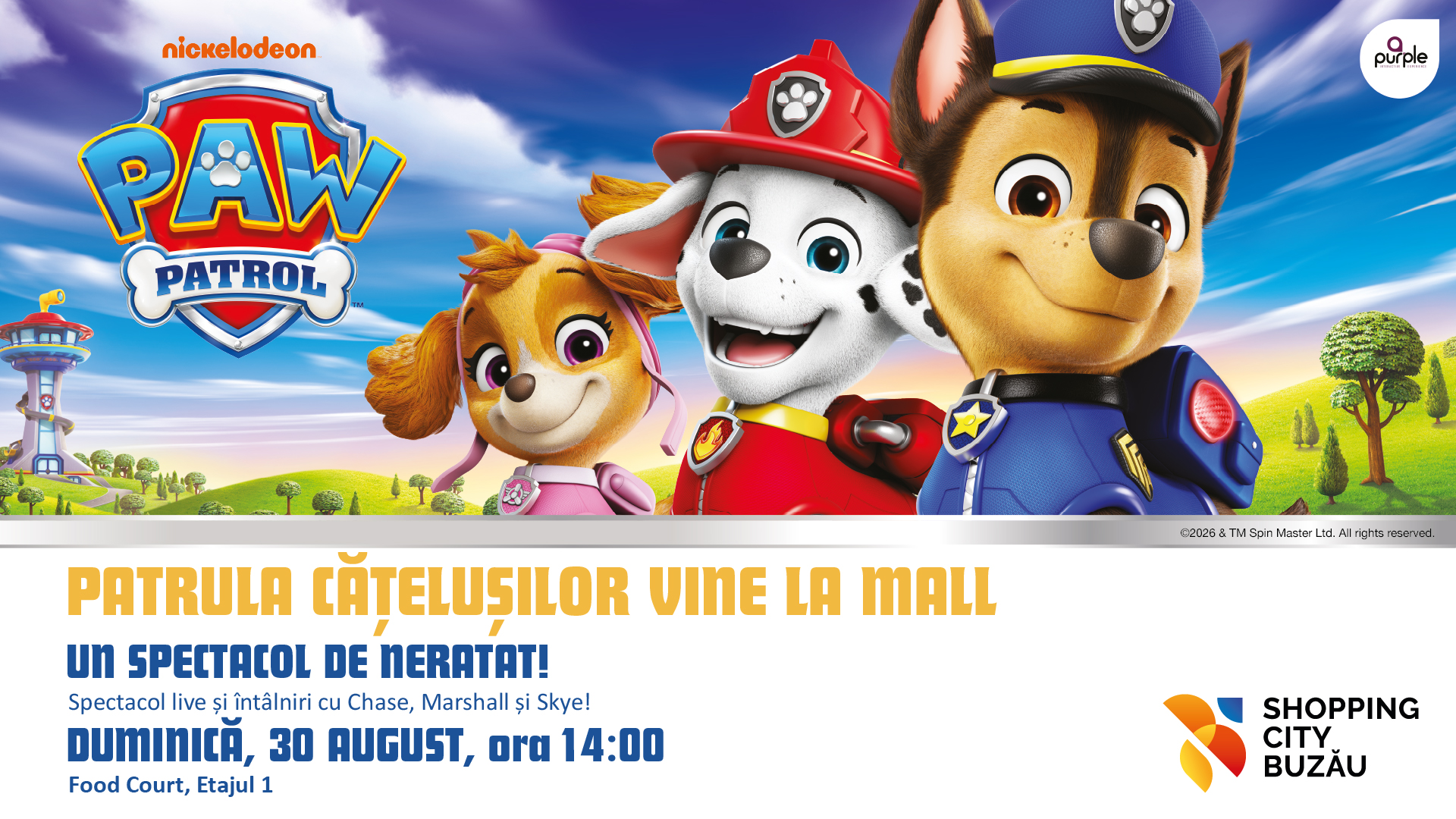 Centrul comercial Shopping City Buzău aduce PAW PATROL Mini Show LIVE, cu Chase, Marshall și Skye